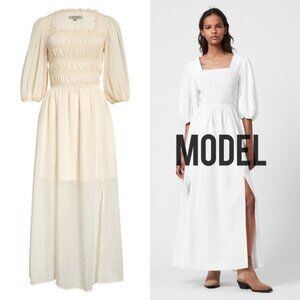 NWT All Saints Livi Tex Maxi Dress 6 Off White Ruched Puff Sleeve Smocked Slit